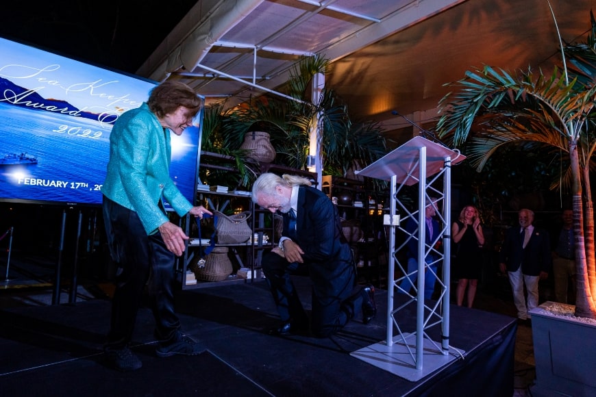 Sylvia A. Earle awards Victor Vescovo with SeaKeepers medallion