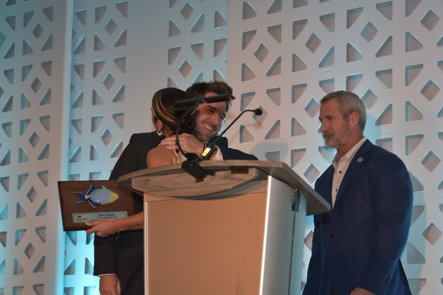 Tony Gilbert (Chief Programs Officer), Shireen Rahimi (2024 NextGen Awardee), & Jay Wade (Chairman, SeaKeepers) at The International SeaKeepers Society's Founders Event 2024