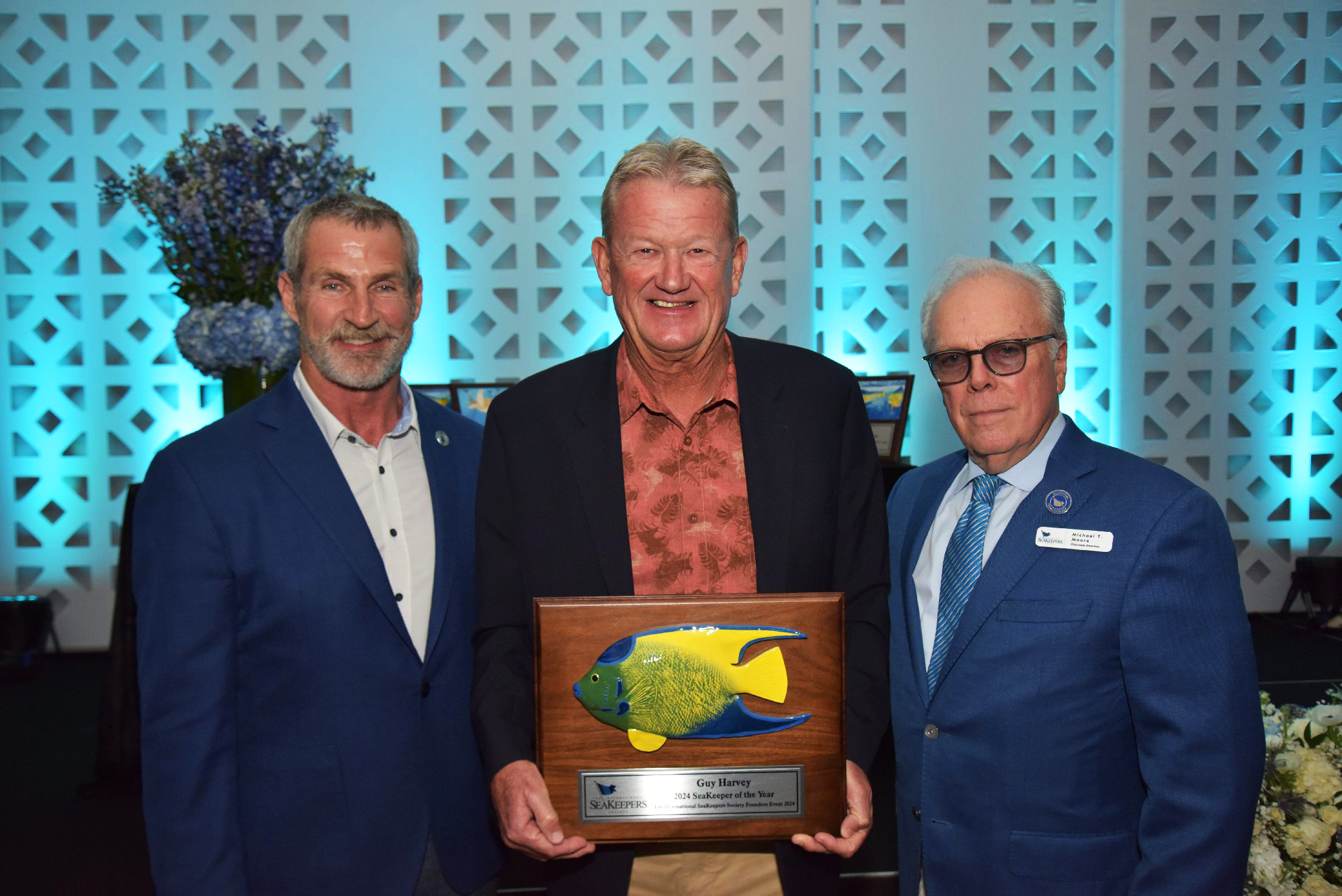 Jay Wade (Chairman, SeaKeepers), Guy Harvey (2024 SeaKeeper of the Year) & Michael T. Moore (Chairman Emeritus, SeaKeepers) at The International SeaKeepers Society's Founders Event 2024