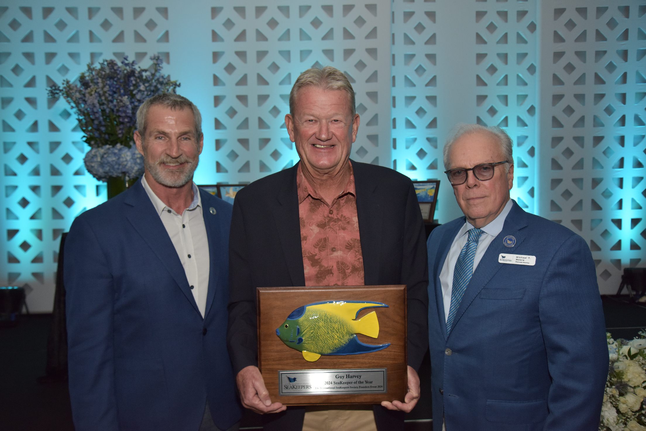 Photo of Jay Wade, Guy Harvey, & Michael Moore at The International SeaKeepers Society's Founders Event 2024
